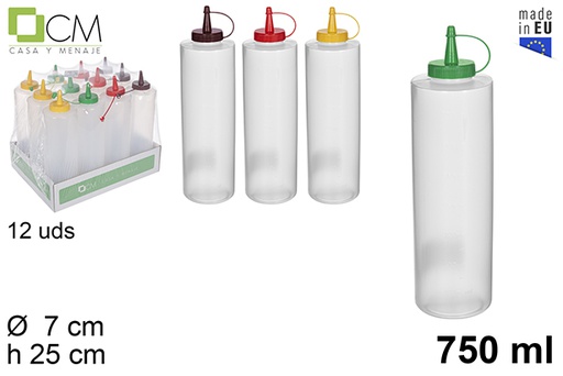 [113264] Garrafa de molho de plástico transparente com tampa de cores sortidas 750 ml