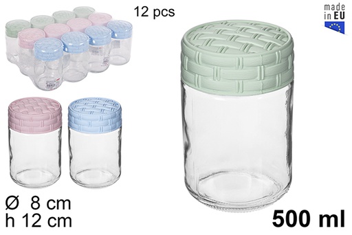 [114656] Barattolo di vetro con coperchio in rattan colori pastello 500 ml