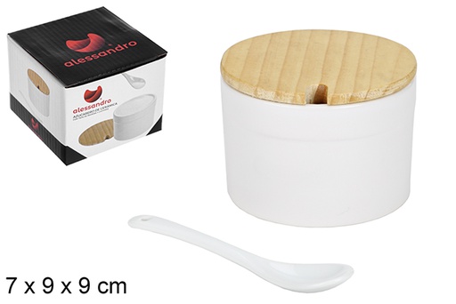 [110799] Azucarero cerámica blanca redondo con cuchara y tapa de madera