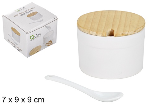 [110799] Sucrier rond céramique blanc avec cuillère et couvercle en bois