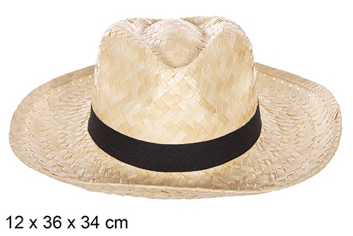 [112319] Classic white straw hat with black ribbon