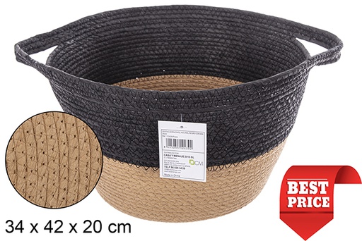 [112439] Cesta cuerda papel natural/negro con asa 34 cm
