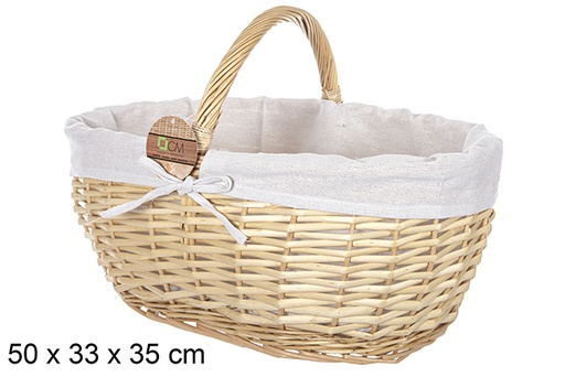 [112872] Oval wicker basket with honey handle and fabric 50x33 cm