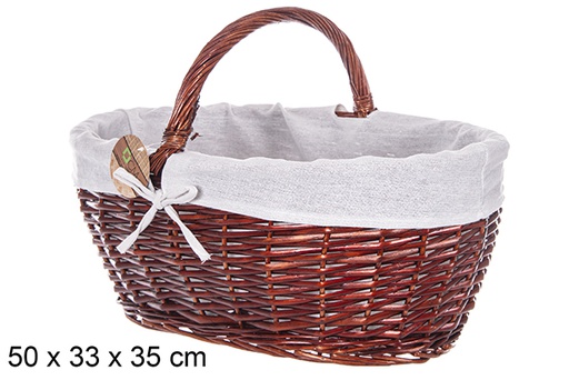 [112873] Oval wicker basket with mahogany handle with fabric 50x33 cm