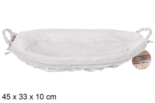 [112880] Cesta mimbre ovalada blanca tela blanca con asas 45x33 cm