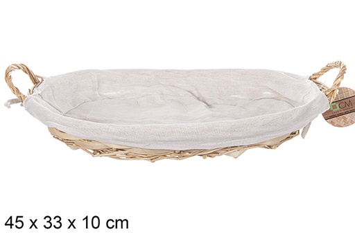 [112881] Oval wicker basket with honey-colored handles and fabric 45x33 cm