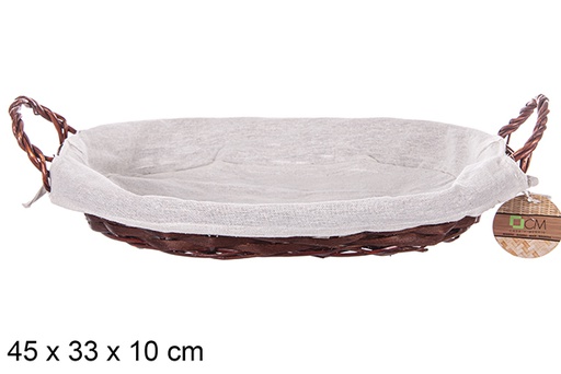 [112882] Panier ovale en osier avec anses en acajou et tissu 45x33 cm