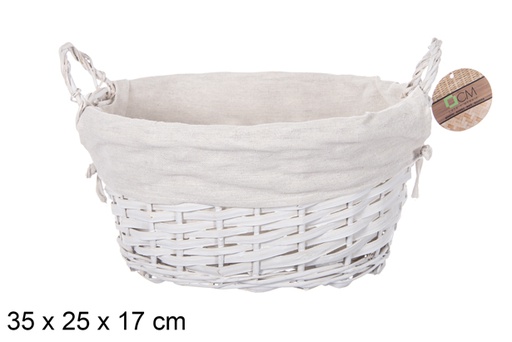 [112886] Panier ovale en osier avec anses blanches et tissu 35x25 cm