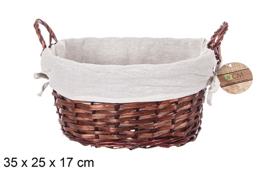 [112888] Cesto oval de vime com alças em mogno e tecido 35x25 cm