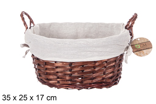 [112888] Oval wicker basket with mahogany handles with fabric 35x25 cm