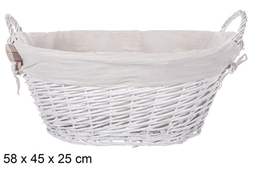 [112889] Panier ovale en osier avec anses blanches et tissu 58x45 cm