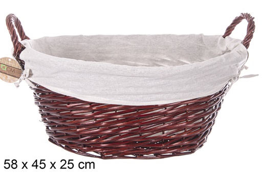 [112891] Oval wicker basket with mahogany handles with fabric 58x45 cm
