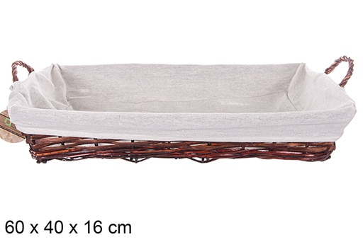 [112903] Rectangular wicker basket with mahogany handles with fabric 60x40 cm
