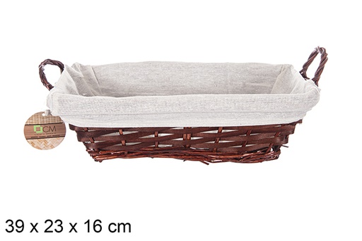 [112909] Rectangular wicker basket with mahogany handles with fabric 39x23 cm