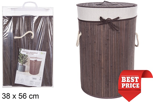 [112960] Panier à linge rond pliable en bambou acajou avec doublure 38x56 cm