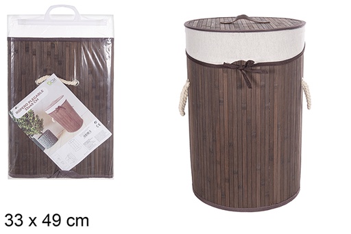 [112963] Panier à linge rond pliable en bambou acajou avec doublure 33x49 cm