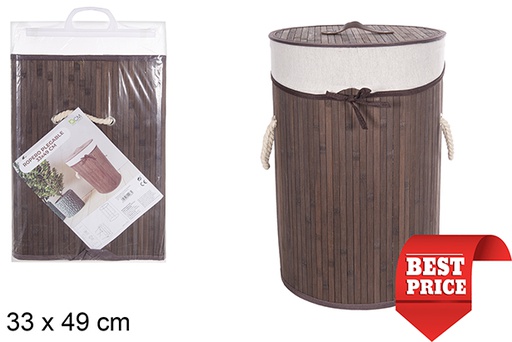 [112963] Panier à linge rond pliable en bambou acajou avec doublure 33x49 cm