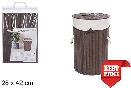 [112966] Round foldable mahogany bamboo laundry basket with lining 28x42 cm