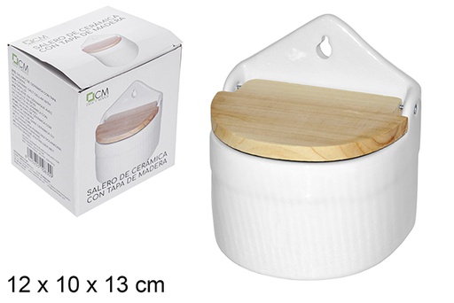 [110830] White ceramic salt shaker with wooden lid