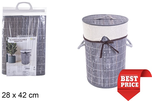 [114477] Cesto de roupa suja redondo dobrável em bambu cinza com forro 28x42 cm
