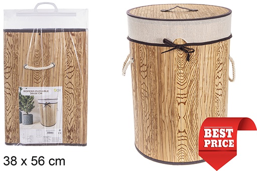 [114482] Round foldable natural bamboo laundry basket with lining 38x56 cm