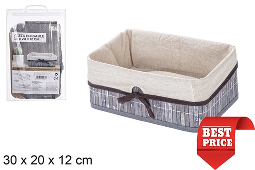 [114485] Panier pliant rectangulaire en bambou gris doublé d'un noeud 30x20 cm