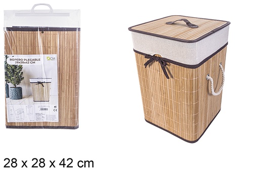 [114492] Cesto de roupa suja quadrado dobrável em bambu natural com forro 28x42 cm