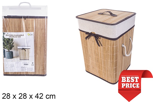 [114492] Squared foldable natural bamboo laundry basket with lining 28x42 cm
