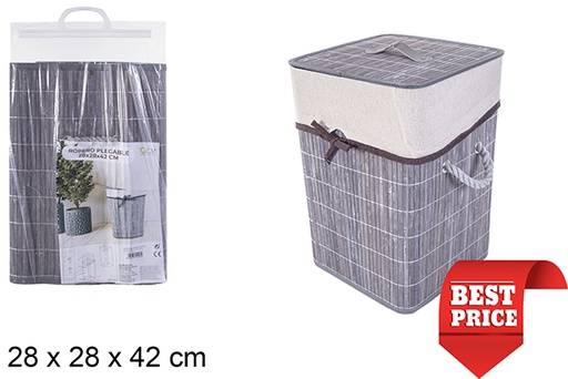 [114493] Panier à linge carré pliable en bambou gris avec doublure 28x42 cm