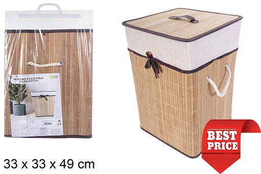 [114497] Squared foldable natural bamboo laundry basket with lining 33x49 cm