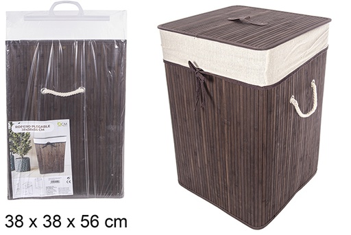 [114500] Panier à linge carré pliable en bambou acajou avec doublure 38x56 cm