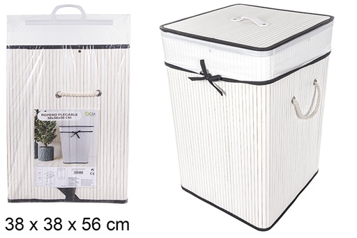 [114501] Panier à linge carré pliable en bambou blanc avec doublure 38x56 cm