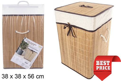 [114502] Squared foldable natural bamboo laundry basket with lining 38x56 cm