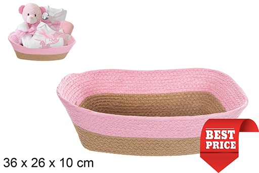 [114521] Corbeille rectangulaire en corde de papier naturelle rose 36x26 cm