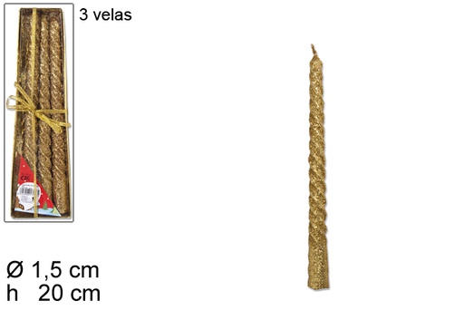 [114627] Pack 3 velas espirais glitter ouro 20 cm