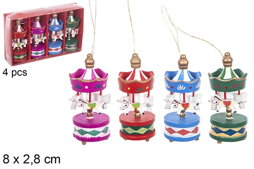 [114915] Pack 4 mini carrousel de Noël en bois couleurs assorties 8x2,8 cm