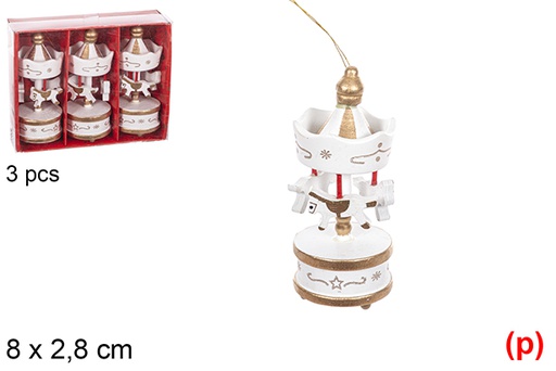 [114917] Pack 3 mini carrousel de Noël en bois blanc et doré 8x2,8 cm