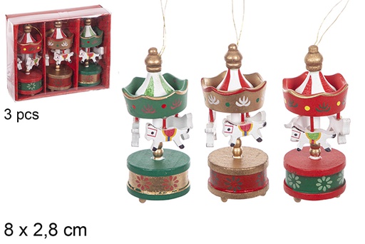 [114919] Pack 3 mini Christmas wooden carousel assorted color 8x2,8 cm