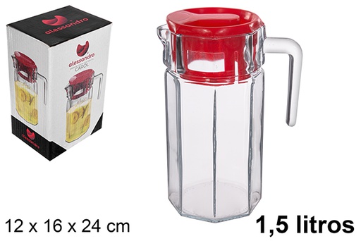 [114948] Brocca acqua in vetro coperchio rosso Carol 1,5 l.