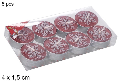 [114966] Pack 8 candele rosse decorate con fiocchi di neve 4x1,5 cm