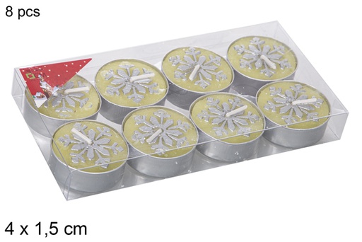 [114990] Pack 8 velas douradas decoradas com floco de neve 4x1,5 cm