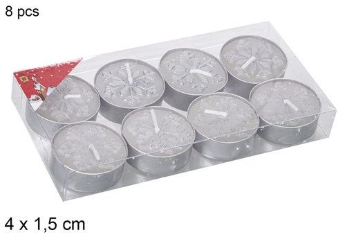 [114991] Pack 8 candele d'argento decorate fiocco di neve 4x1,5 cm