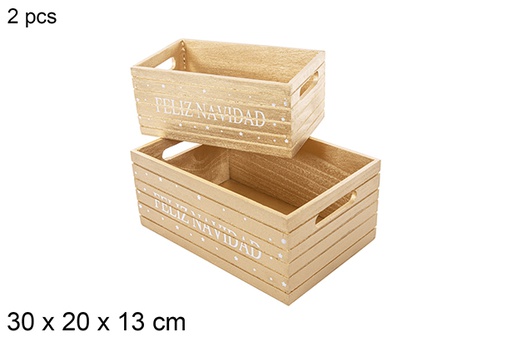 [115034] Pack 2 scatole natalizie in legno color oro decorato Feliz Navidad 30x20x13 cm