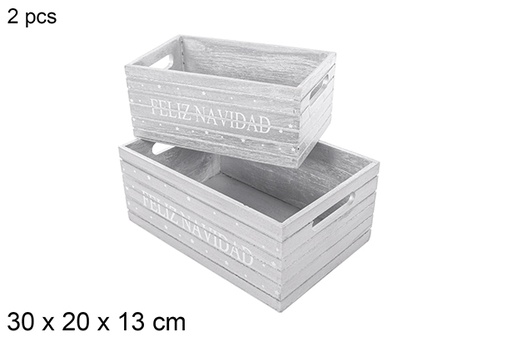 [115035] Pack 2 caixas de madeira cor de prata decorar Feliz Navidad 30x20 cm