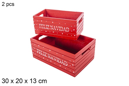 [115036] Pack 2 scatole natalizie rosse in legno decorate Feliz Navidad 30x20x13 cm