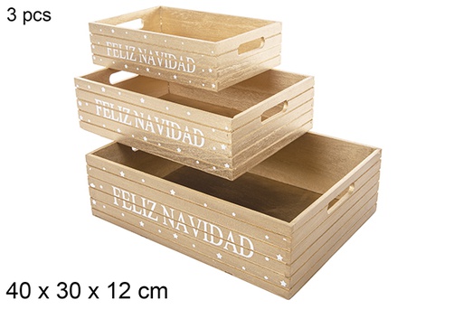 [115038] Pack 3 cajas madera color oro decorado Feliz Navidad 40x30x12 cm