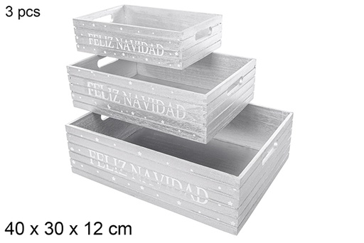 [115039] Pack 3 caissettes en bois de Noël couleur argent décorer Feliz Navidad 40x30x12 cm