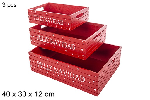 [115040] Pack 3 red Christmas wooden boxes to decorate Feliz Navidad 40x30x12 cm