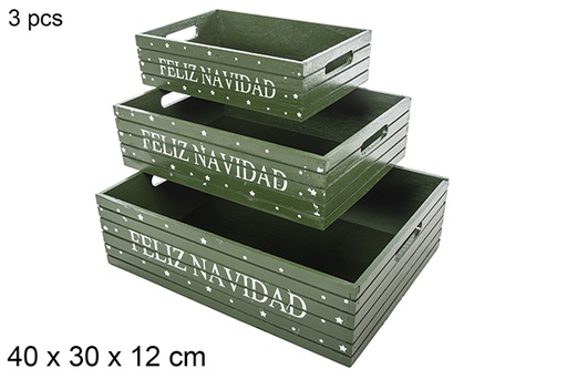 [115041] Pack 3 caissettes en bois de Noël couleur verte décorer Feliz Navidad 40x30x12 cm