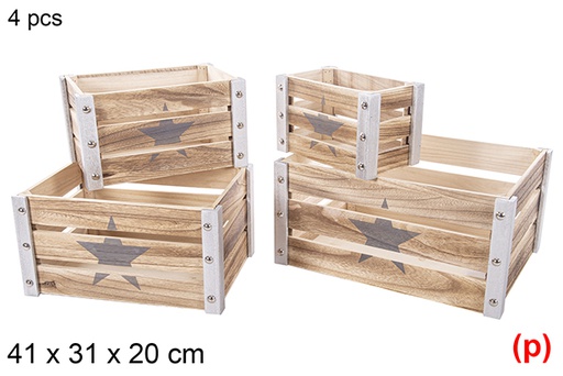 [115043] Pack 4 cajas madera Navidad plata decorar estrella 41x31x20 cm